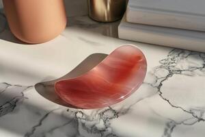A smooth, pink-hued gua sha tool resting on a marble surface with soft shadows in natural light photo