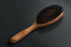 Wooden hairbrush with bristles on a dark background photo