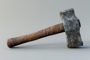 A weathered hammer rests on a neutral background highlighting its wooden handle and worn metal head photo