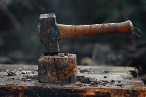 A weathered hammer rests on a wooden stump in a rustic workshop illuminated by soft, diffused light photo