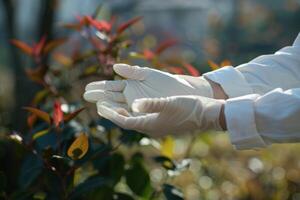 A person in white gloves tending to vibrant green and red plants in a garden during daylight hours photo
