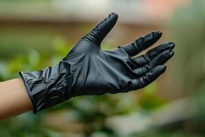A gloved hand reaching out in a garden setting during daylight photo