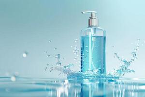 Clear bottle of blue liquid splashing in water during a bright sunlight moment photo