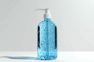 Clear blue liquid soap dispenser on a white surface with bubbles inside, illuminated by soft lighting photo