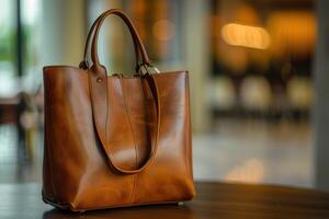 Elegant brown leather handbag displayed on a table in a stylish indoor setting during daylight photo