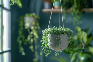 Hanging planter with cascading greenery in a bright indoor space photo