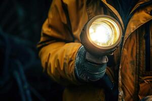 A person holding a flashlight in a dark forest during the evening photo