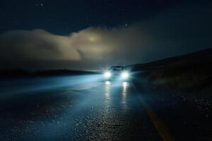 Car with headlights on a dark road under a starry night sky with clouds photo