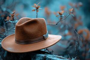 Brown felt hat resting on a log surrounded by small green leaves in a tranquil forest setting during early spring photo