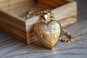 Elegant golden heart-shaped locket resting on a wooden surface next to its storage box photo