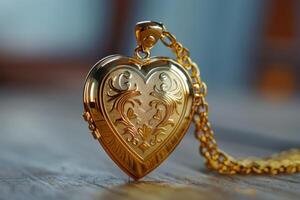 Golden heart-shaped locket with intricate engraving on a wooden surface in soft lighting photo