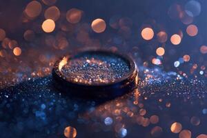 A close-up of a ring surrounded by shimmering dust and colorful bokeh lights on a dark surface photo