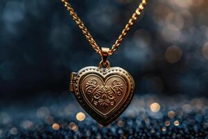 Golden heart-shaped locket pendant with intricate design displayed on a glittering dark background photo