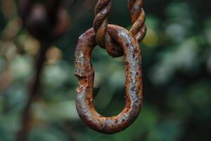 Rusty metal link hanging from a twisted chain against a blurred green background in an outdoor setting photo