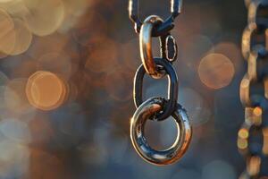 Close-up of interlinked metal chains suspended against a blurred sunset background photo