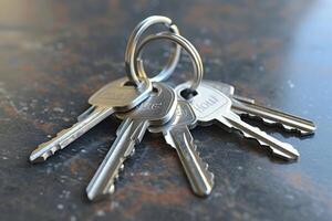 A collection of keys on a metallic ring placed on a marble surface indoors photo