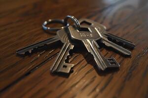 A close-up of several keys resting on a wooden table in ambient light photo