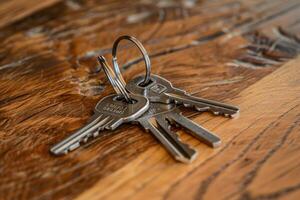 A close-up of a set of keys resting on a rustic wooden table photo