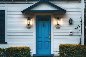 Charming blue door of a house with landscaped greenery during early evening photo