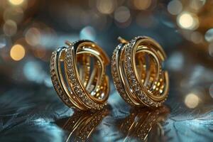 Elegant golden earrings with sparkling embellishments on a reflective surface photo