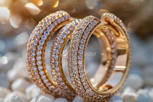 Elegant rose gold rings adorned with sparkling diamonds displayed on a soft, textured surface photo