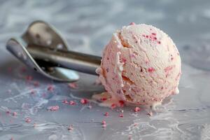 Delicious pink ice cream scoop with a metal ice cream scoop on a marble countertop photo