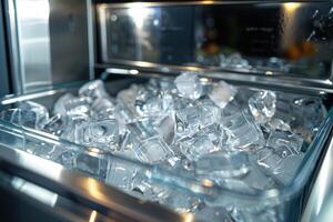 Ice cubes filling a refrigerator ice storage compartment in a modern kitchen during daytime photo