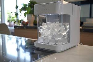 Ice maker machine on kitchen countertop with ice cubes visible in afternoon light photo