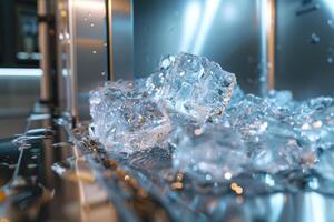 Ice cubes tumbling from a refrigerator ice dispenser in a modern kitchen photo
