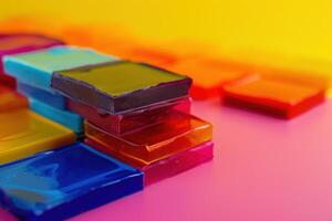 Colorful translucent blocks stacked on a vibrant background photo