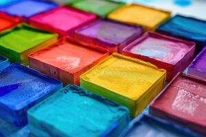 Vibrant watercolor paints arranged on a palette for creative art projects photo