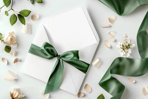 A wrapped gift with a green ribbon surrounded by flowers and petals on a light surface photo