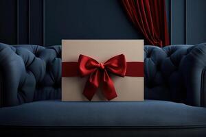 Elegant gift box with red bow displayed on a luxurious blue velvet couch in a dimly lit room photo
