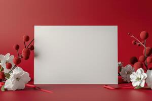 Blank card surrounded by red and white flowers on a red background during a decorative setting photo