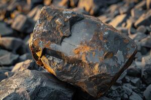 Close-up of a weathered rock with rust-like texture in a rocky landscape at sunset photo