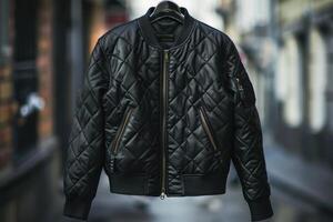 Quilted black bomber jacket displayed on hanger in urban alley photo