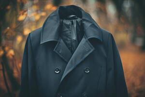A coat hanging in an autumn park surrounded by fallen leaves on a tranquil afternoon photo