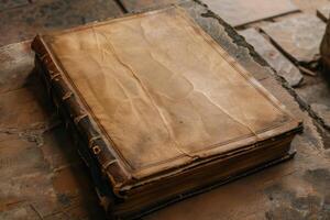 An antique leather-bound book resting on stone tiles in a dimly lit room photo
