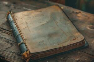 An antique book resting on a rustic wooden table with a warm, diffused light illuminating its worn cover photo