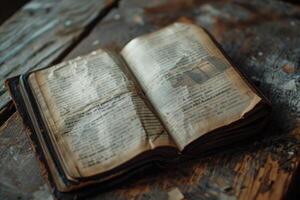An open vintage book rests on a rustic wooden table in soft natural light, showcasing its worn pages and faded text photo