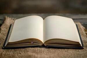 Open blank book resting on burlap fabric in a cozy setting photo