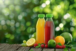Freshly squeezed fruit juices displayed on a wooden table with vibrant greenery in the background during daylight photo