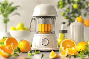 Freshly squeezed orange juice being prepared with a blender amidst vibrant citrus fruits and greenery in a bright kitchen setting photo