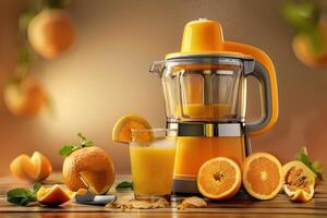 A bright orange juicer on a wooden table with fresh oranges and a glass of orange juice against a warm background photo
