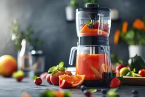 Fresh fruit smoothie preparation in a modern kitchen with vibrant ingredients photo
