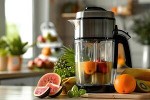 Fresh fruit preparing in a blender on a kitchen counter with vibrant produce in the background photo
