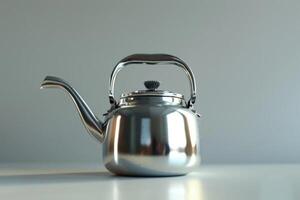 Metal kettle on a simple countertop with soft lighting in a minimalist kitchen photo