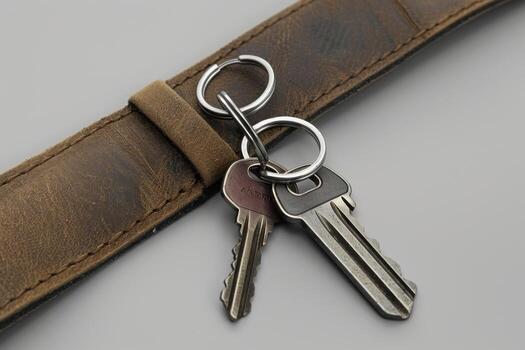 Keychain with metal keys resting on a brown leather strap against a neutral background photo