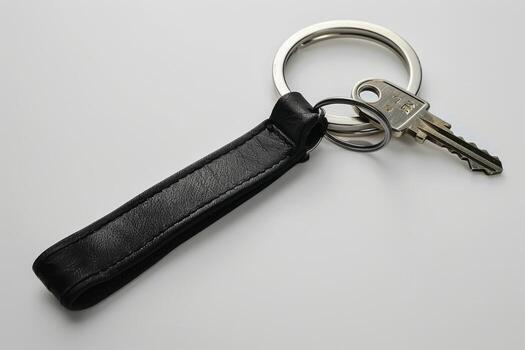 Keychain with leather strap and metal key resting on a white surface photo