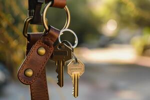 Keys hanging on a leather strap in a sunlit outdoor setting with blurred vehicles in the background photo